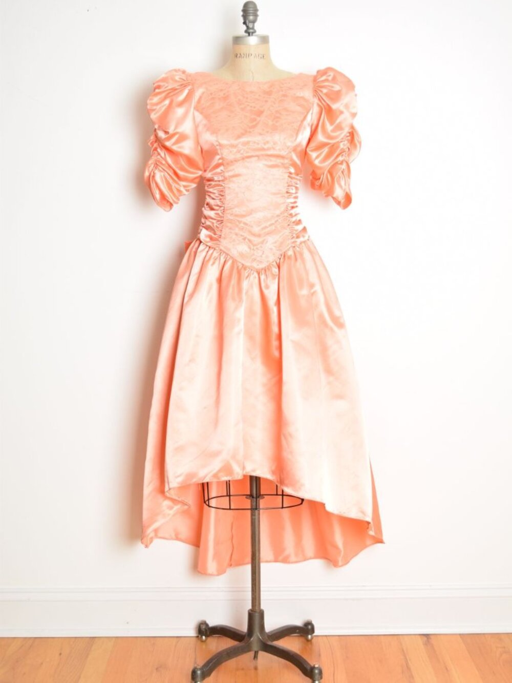 vintage 80s prom party dress peach satin bow puff sleeve hi-lo fishtail hem XS